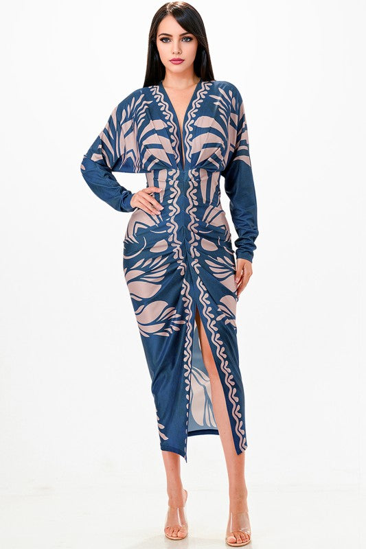 Deep V-Neck Pleats Midi Dress – Navy