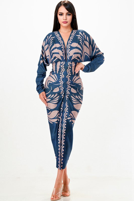 Deep V-Neck Pleats Midi Dress – Navy