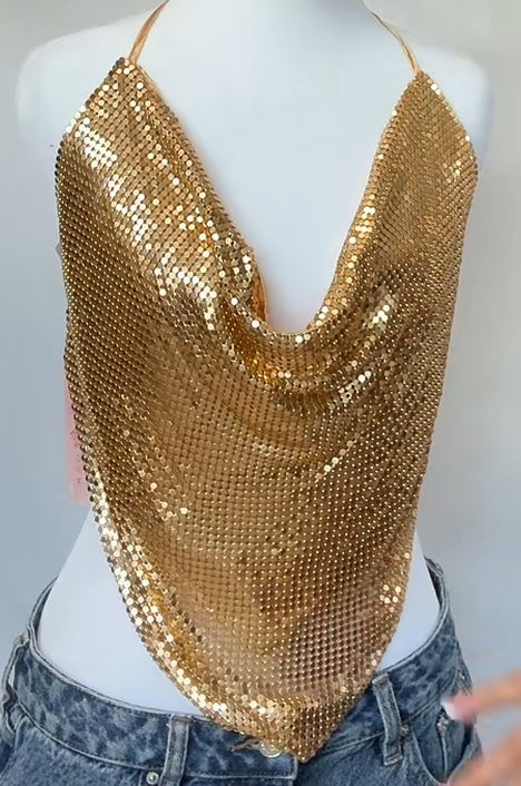 Top Halter Dorado con Efecto Brillante